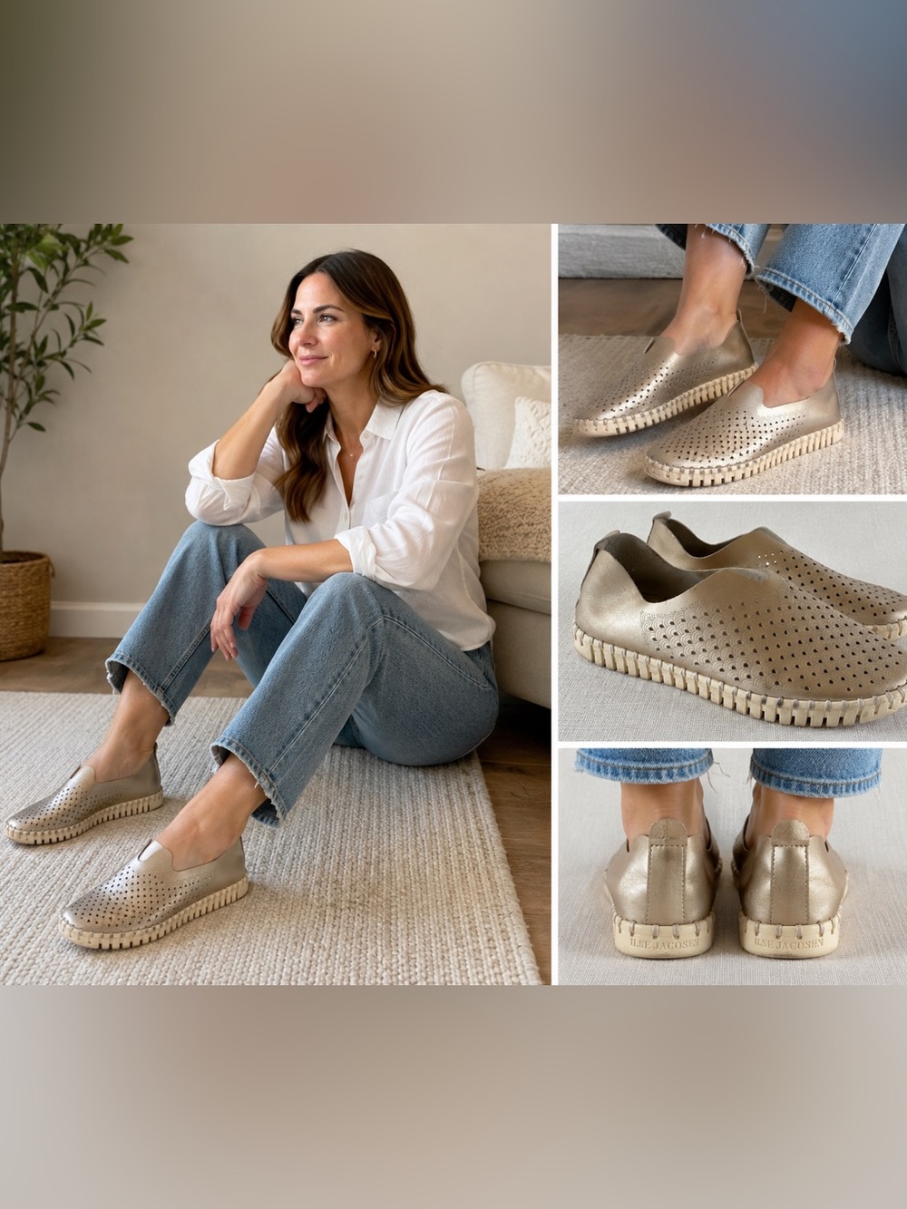 Ilse Jacobsen Tulip Metallic Gold Perforated Slip On Shoes 41 (10-10.5)